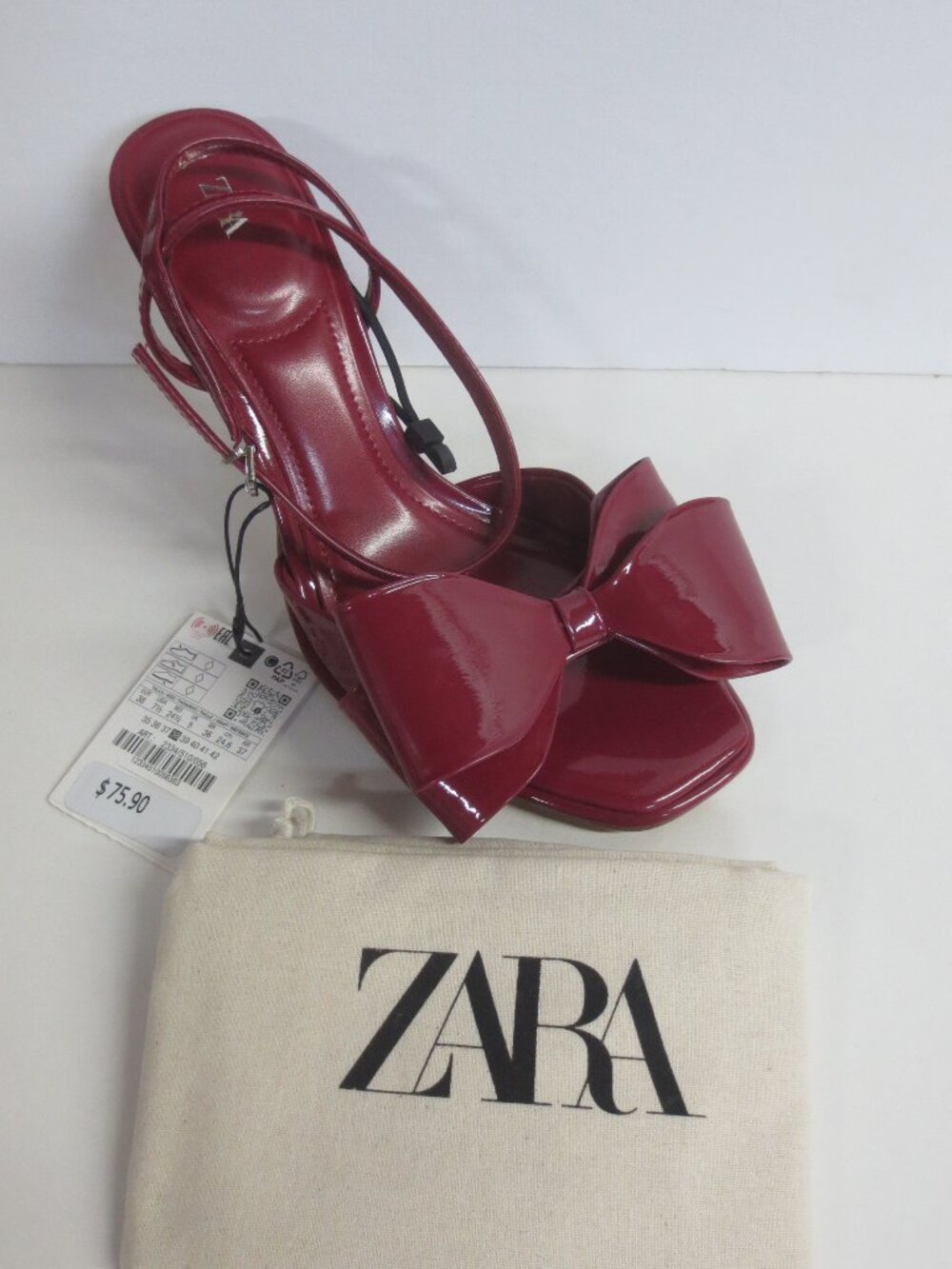 ZARA WOMEN'S BOW PATENT HIGH HEEL BURGUNDY SANDALS - US 7.5